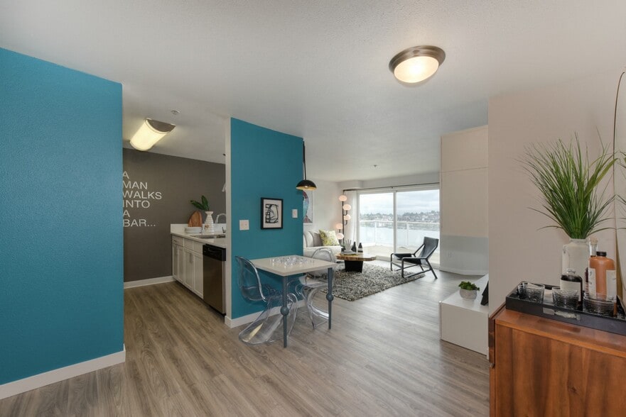 Kitchen and View of Living Room - The Summit at Lake Union