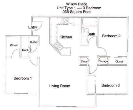 3BR/1BA - Willow Place Apartments