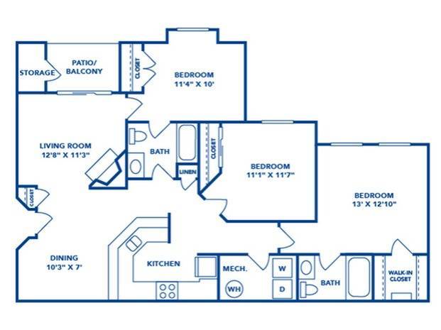 3 Bedroom | 2 Bath | 1260 SF - Harrison Place Apartments