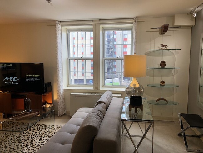 Bright apartment living room with large windows, natural light, and open-concept design - Museum Park Senior 55+