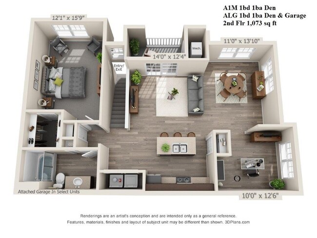 1 Bed, 1 Bath w/ Den and garage 1073 sf - The Glades