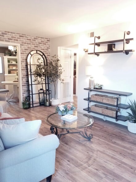 Custom Wood/Pipe Entertainment Center, New Floors, Faux Brick Accent Wall - 2314 Cooper Ter