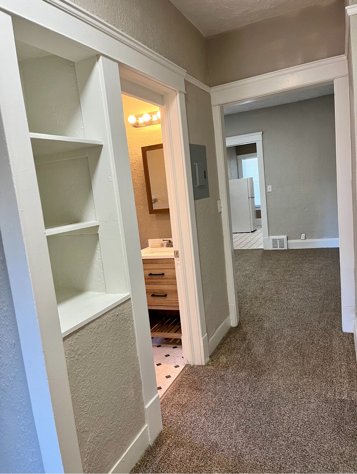 Hallway: Long, wide, and spacious with custom built-in shelving — perfect for books, décor, or extra - 603 E 109th St