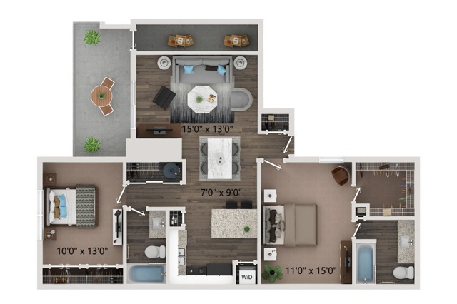 Two bedroom - two bathroom floor plan with full size washer and dryer connections. Ground floor homes offer wood plank style flooring all through out. Second floor homes offer carpet in the bedroom's and closets. - Preserve at Preston