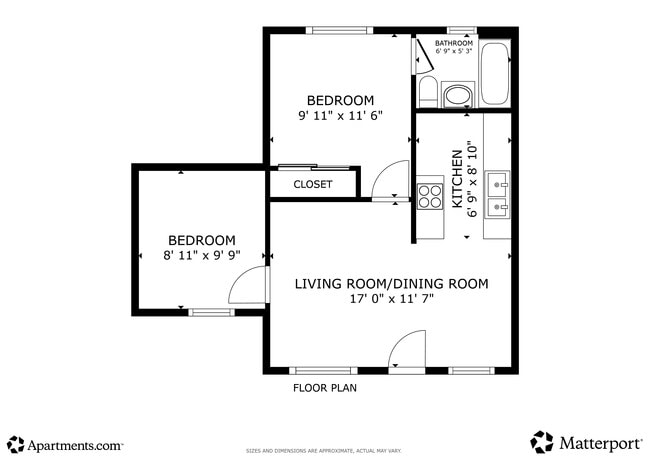 Floor Plan - 2BR, 1BA - 545SF - 12621 Glenshire Rd, 12618 Lakewood Blvd.