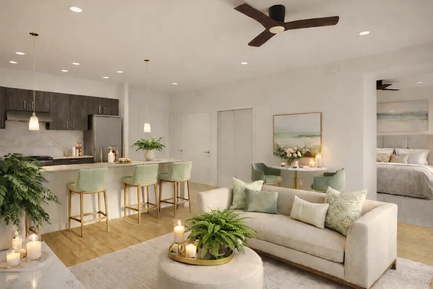 Living room and kitchen area - Hearthstone Lodge Senior Residences