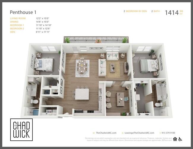 Two Bedroom Penthouse with Flex Den, Two Bath - The Chadwick