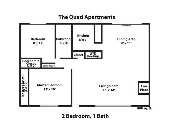 Two Bedroom One Bathroom Floor Plan - Quad Apartments