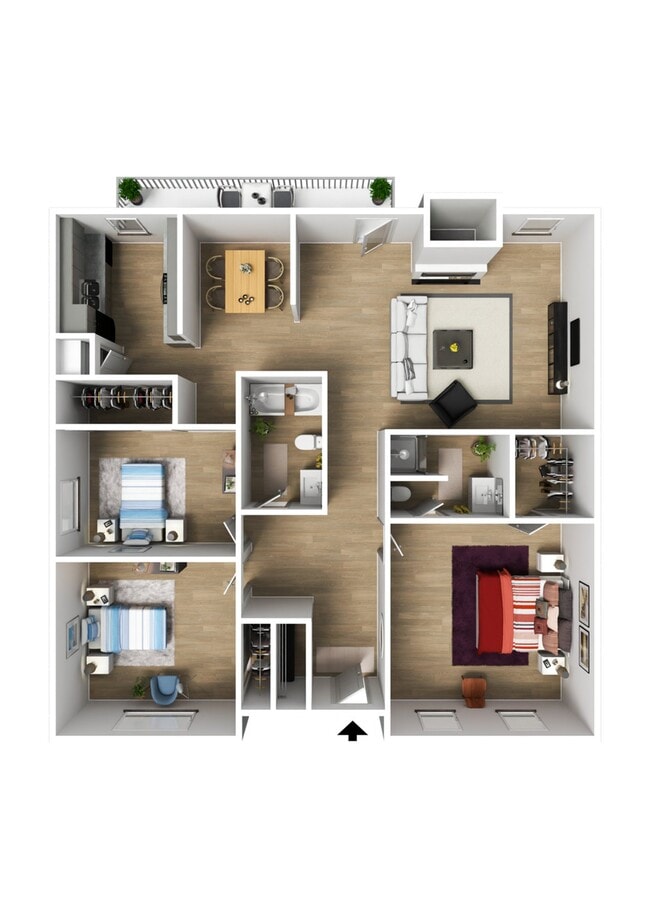 Inviting 3D floor plan showcasing three bedrooms, a modern living area, stylish kitchen, and a balcony with seating. - University Village