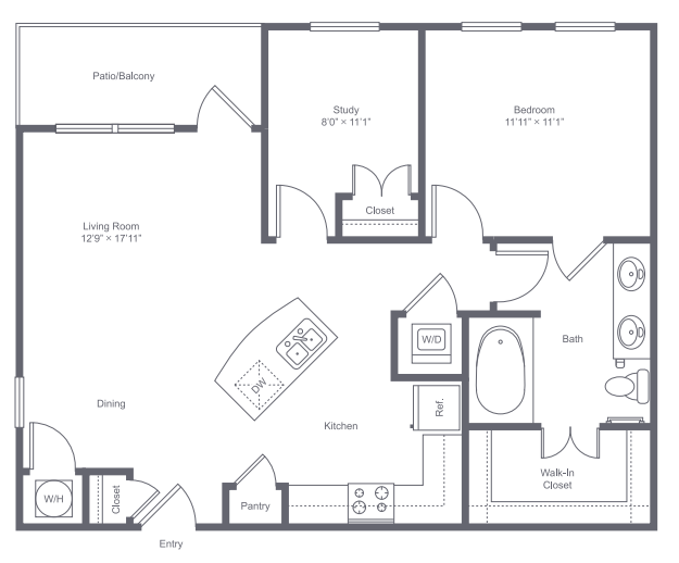 1 bedroom 1 bath apartment with kitchen island, dining area, private patio and 847 square feet - Park Central at Flower Mound