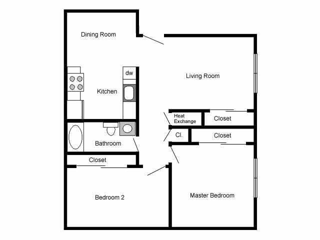 2BR 1BA 700 sq. ft. Floorplan - York Village Apartments