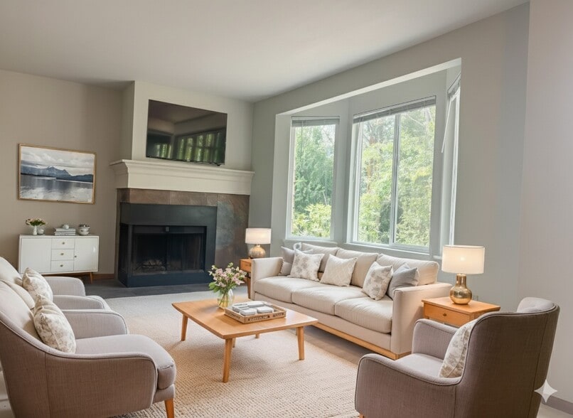 large living room with vaulted ceilings, natural light and a wood burning fireplace - 280 NW Holly St