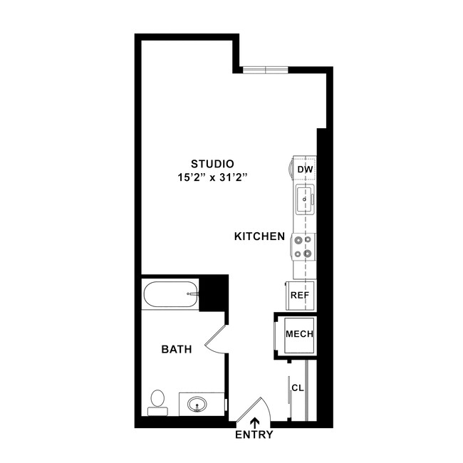 S3 - Studio Floor Plan Dimensions - 425 SF - Catalina West Adams