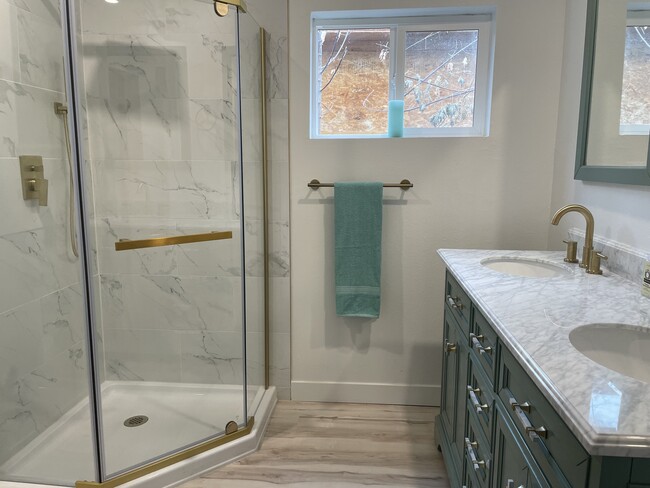 Glass and marble shower - 618 Alexander Rd