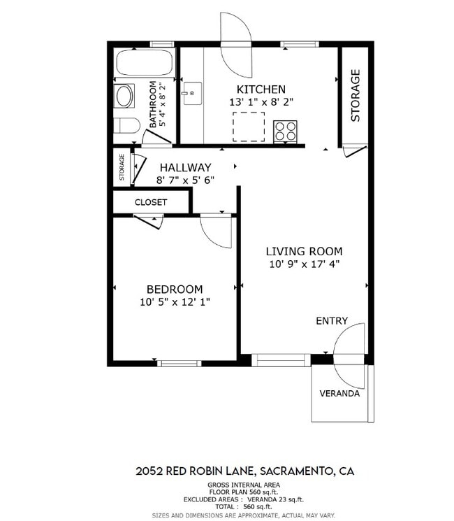 1 Bed/1 Bath -Floor Plan - 562 SF - Red Robin Apartments