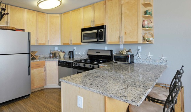 Kitchen includes stainless steel appliances and granite countertops - The Bluffs at Pacifica Apartments