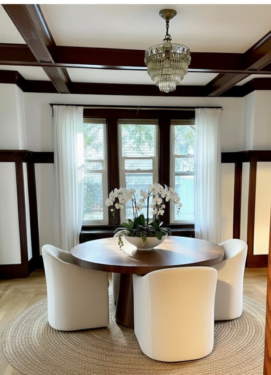 formal dining room with original millwork, coffered ceiling, and built in shelving - 25 Lenox Ave