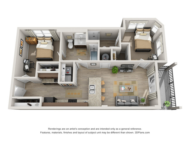 2 Bedroom floor plan - 305 Daniel | Student Housing