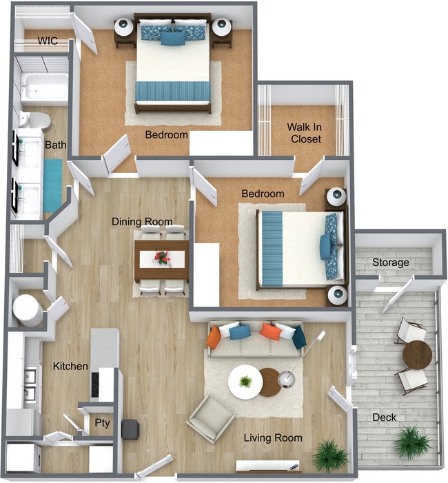 Lake Shore - 2 bed 1 Bath - 3D Floor Plan - Lake Shore Apartments
