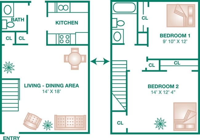 Beau Chenes Plan E 2x2 TH - River Oaks Apartments