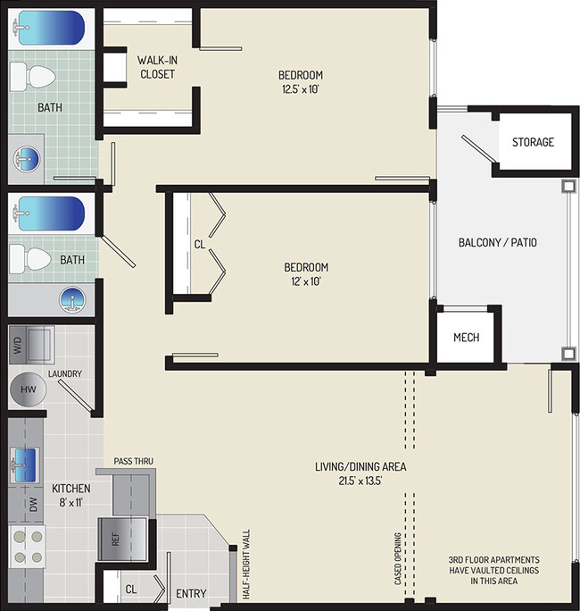 2 BR/ 2 BA (Style F2) | 950 sq. ft. - Seneca Club Apartments