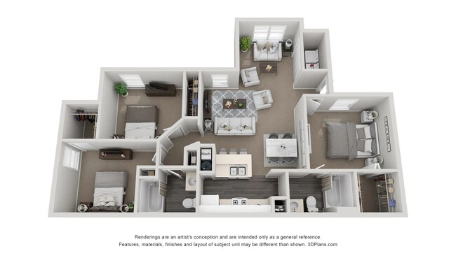 A 3D rendering of The Magnolia floor plan, our 3 bedroom 2 bathroom floor plan. - Eden Pointe