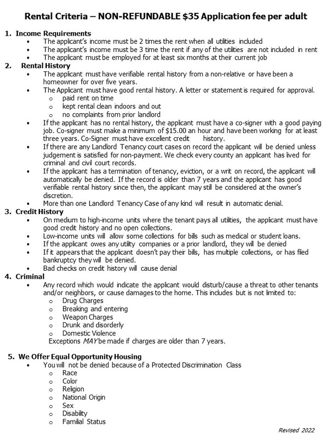 Rental Criteria - 180 Beckwith Dr