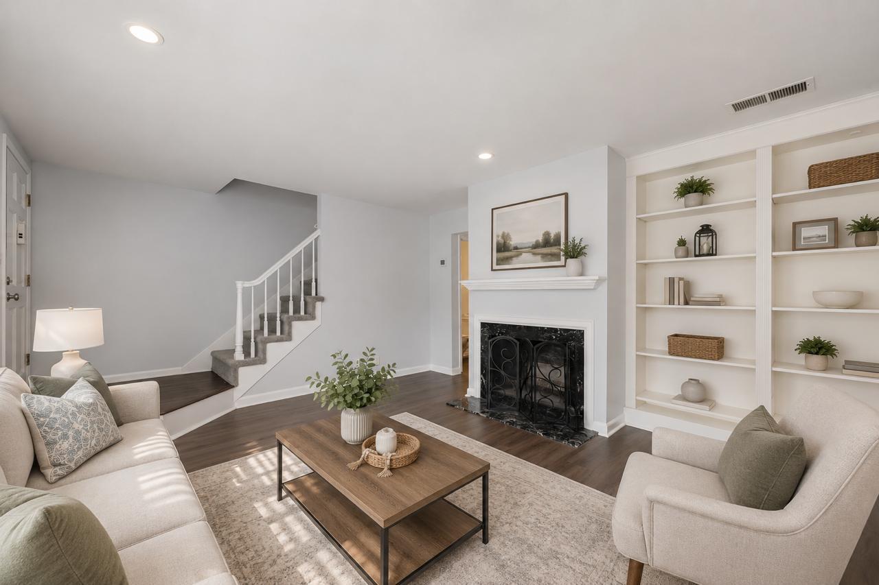 Spacious living area with fireplace, built-in shelving, and comfortable space for everyday living an - 3000 Hillsboro Pike