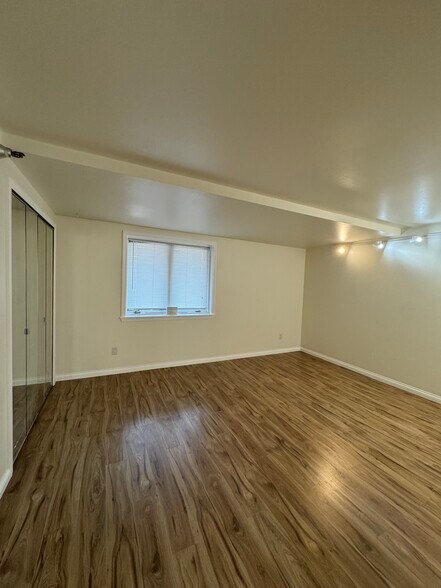 Spacious primary bedroom with wood-style floors, mirrored closet, and abundant natural light. - 328 N Allen St