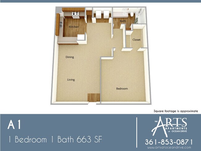 A1 1 Bedroom 1 Bath 663 SF - The Arts at Ocean Drive