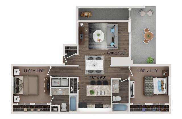 Two bedroom - two bathroom floor plan with full size washer and dryer connections. Ground floor homes offer wood plank style flooring all through out. Second floor homes offer carpet in the bedroom's and closets. - Preserve at Preston