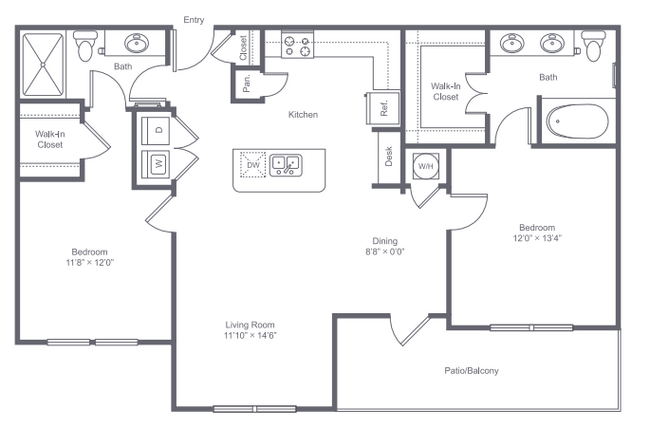 2 bedroom 2 bath apartment with kitchen island, dining area and private patio at 1130 square feet - Park Central at Flower Mound