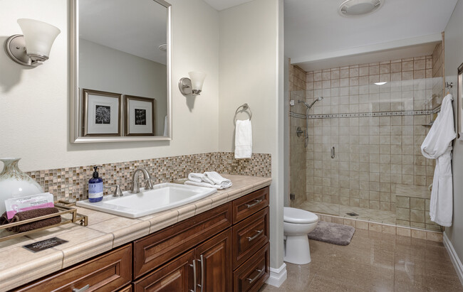 The spacious Hall Bathroom features double sinks and a large shower. - 71535 Biskra Rd