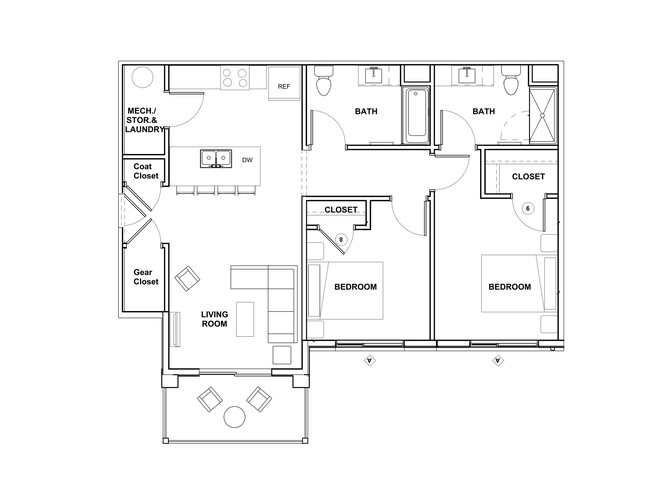 Two bedroom, two bath floor plan apartment. - Basecamp