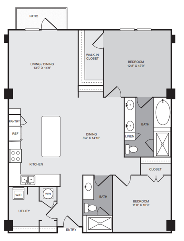 1 bedroom 1 bath apartment with kitchen island, dining area, patio, walk in closet and 1293 sq ft - Cantabria at Turtle Creek closed