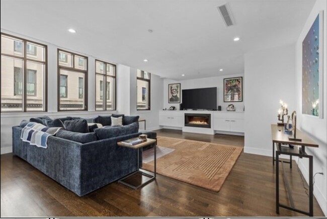 Living with gas fireplace and custom built in cabinetry - 110 Arlington St