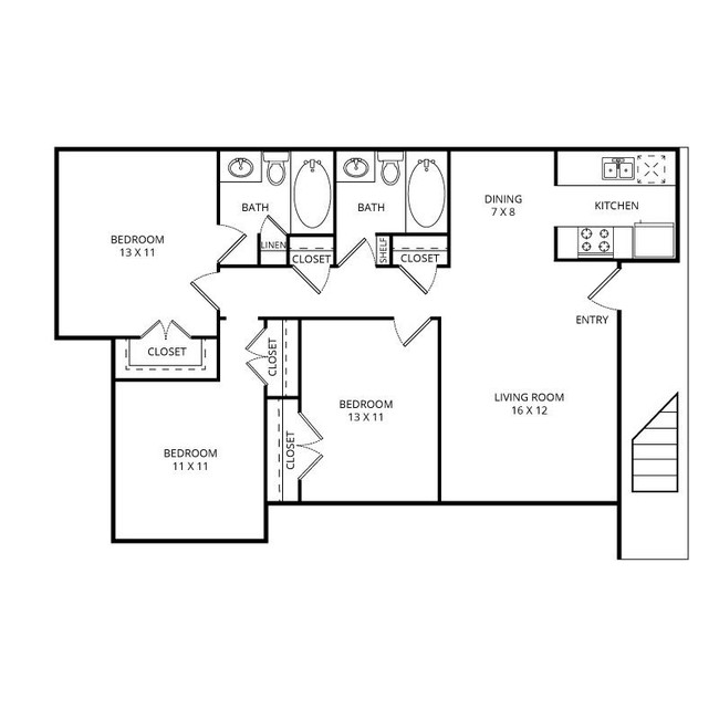 3 Bedroom / 2 Bath / 1052 Sq.Ft. - Forest Gardens Apartments