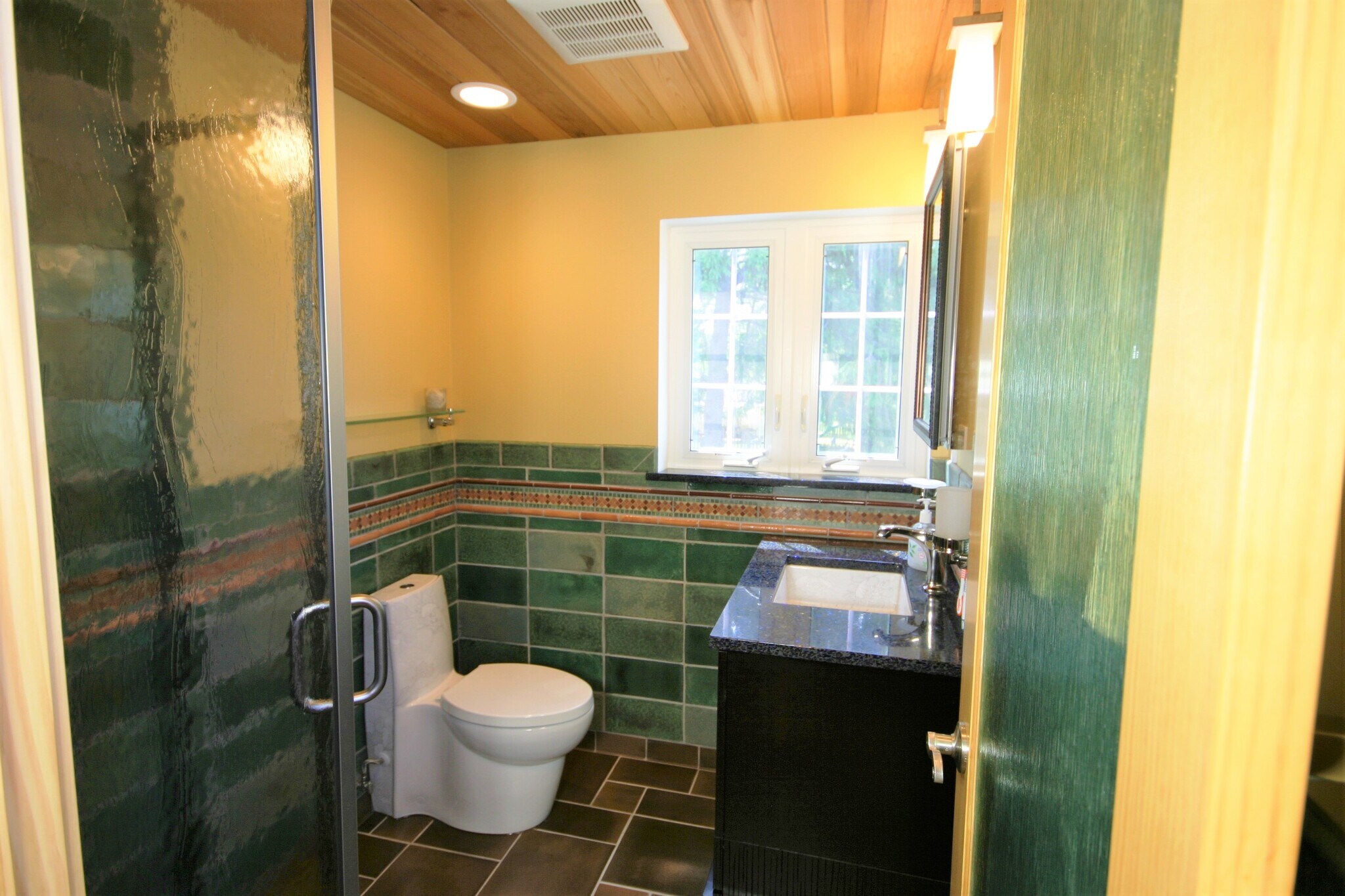 Bathroom with corner shower, cedar ceiling - 69 S Shannon Ave