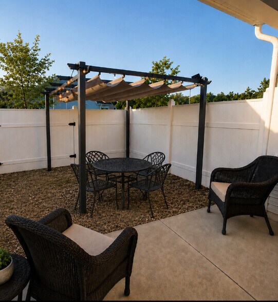 Backyard – 6 foot privacy vinyl fence and pergola for added shade and entertainment - 238 Yorktown Ln