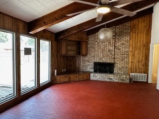 Large Great Room with brick floor and exposed brick, extra high ceilings, and natural wood accents - 4714 29th St