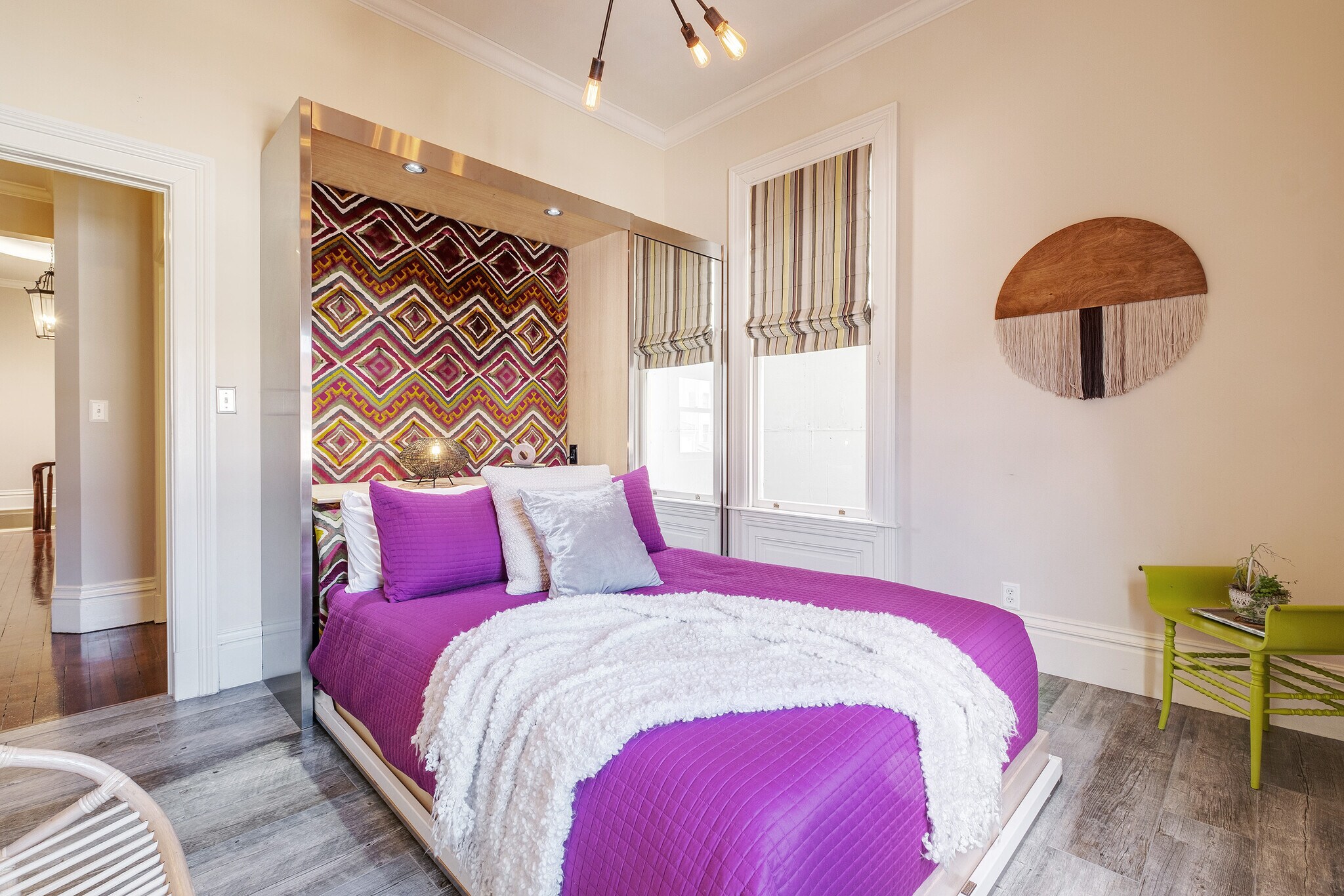 Back bedroom with custom French Oak Queen Murphy bed and built in storage closet - 2188 Sutter St
