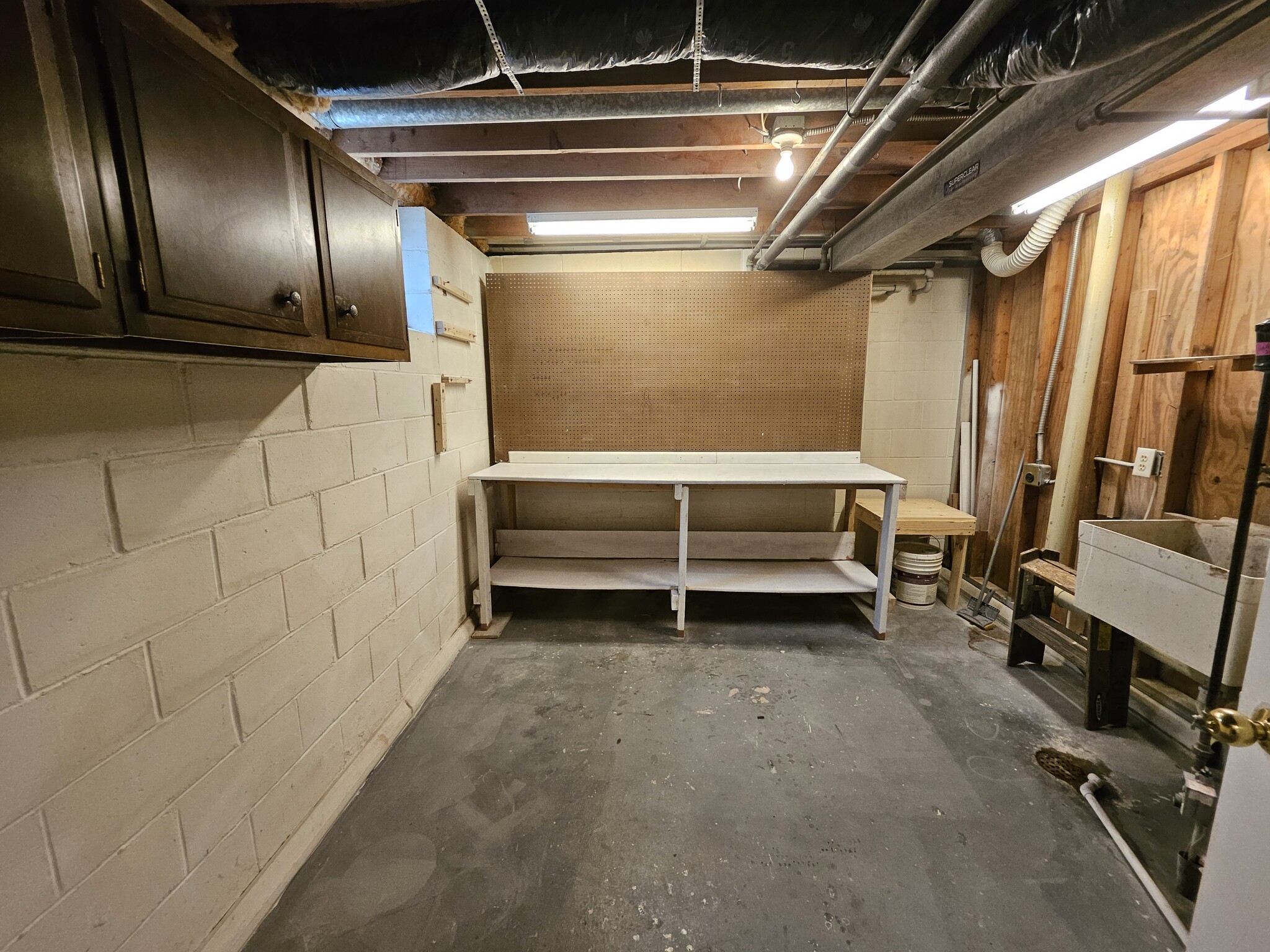 Lower level Workshop with bench, pegboard, cabinets and utility sink - 2353 Mailand Ct E