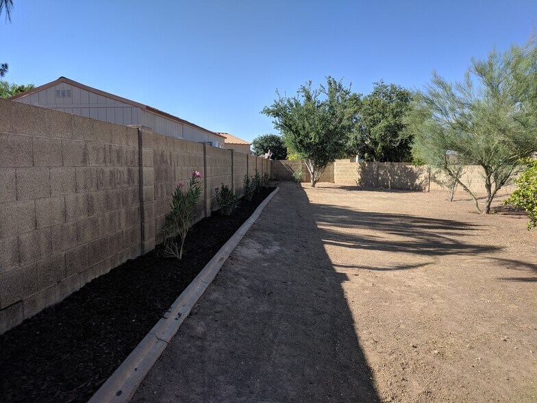 Facing south, row of Lipstick pink oleanders and mulch. On drip irrigation - 14101 N 78th Dr