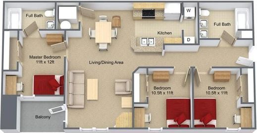 3Bed 2Bath - Floor Plan - Rams Park Apartments