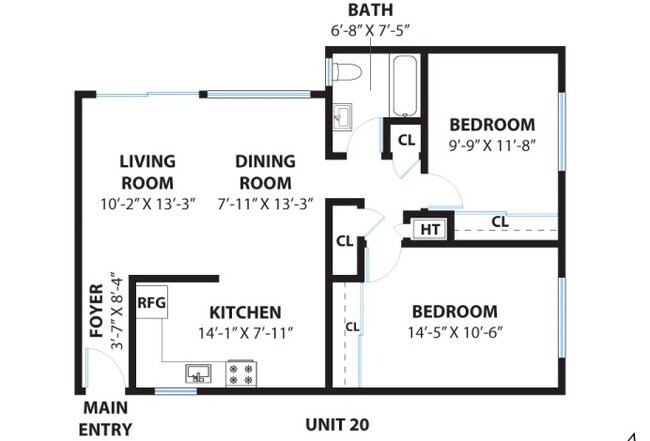 2x1 Floor plan 816 sq ft - 1715 Central Apartments
