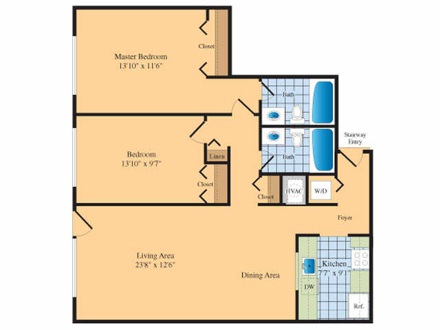 2 BR 2 BA 988 Floorplan - Elme Bethesda