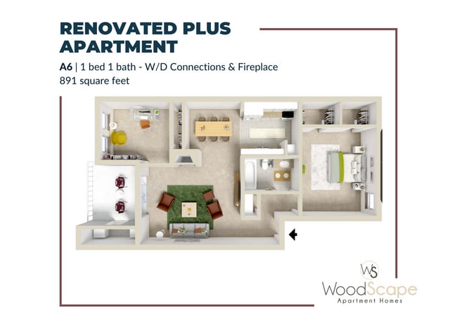 A6 (W/D Connections and Fireplace) Renovated Plus - Woodscape Apartments