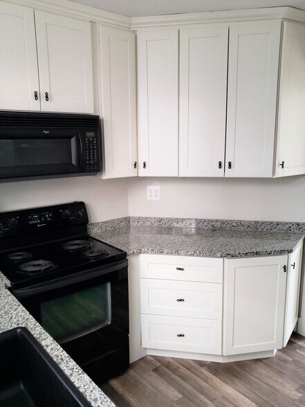 The solid wood kitchen cabinets continue to the ceiling for tons of storage - 201 Richbarn Rd