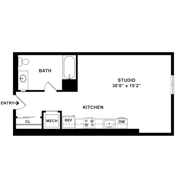 S6 - Studio Floor Plan Dimensions - 440 SF - Catalina West Adams