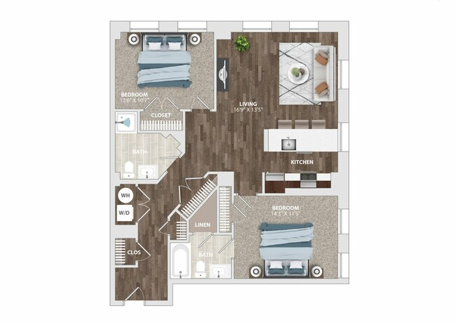 Discover your dream home with this spacious 2-bedroom, 2-bathroom layout, perfect for modern living. - The Harriet Apartments